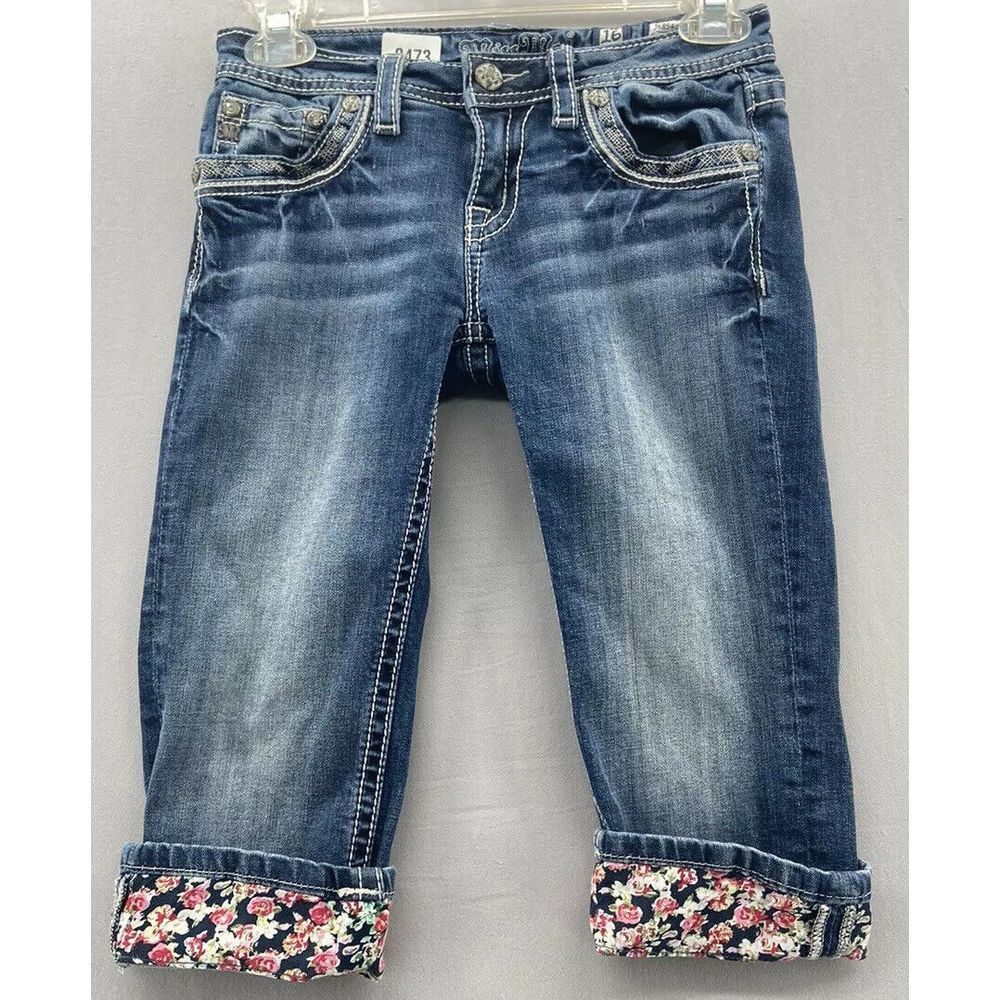 Miss Me Blue Jean Capri Cropped Girls Sz 16 Low-rise Distressed Embellishments‎